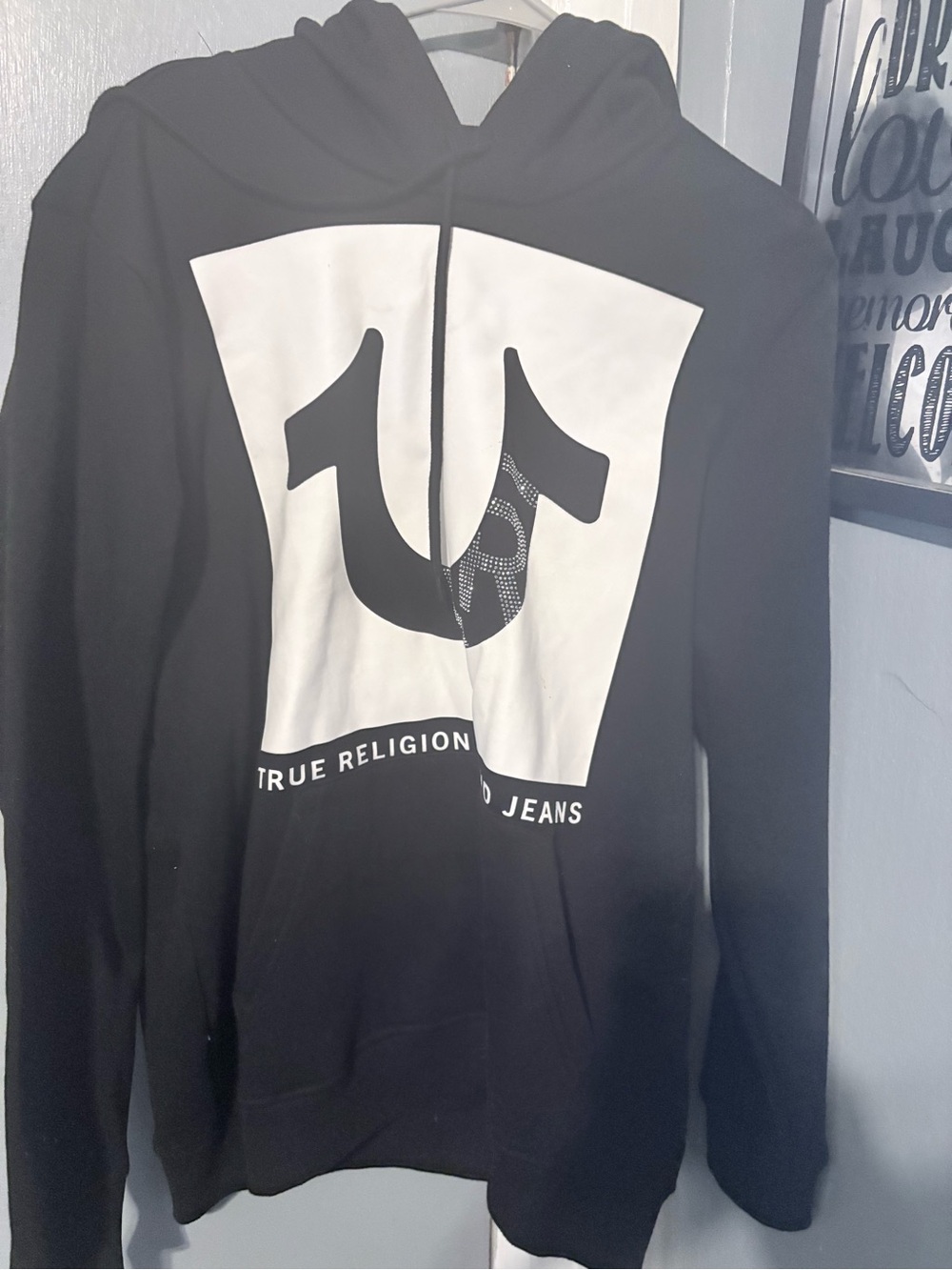 True Religion Black Zip-Up Hoodie with White Logo Panel